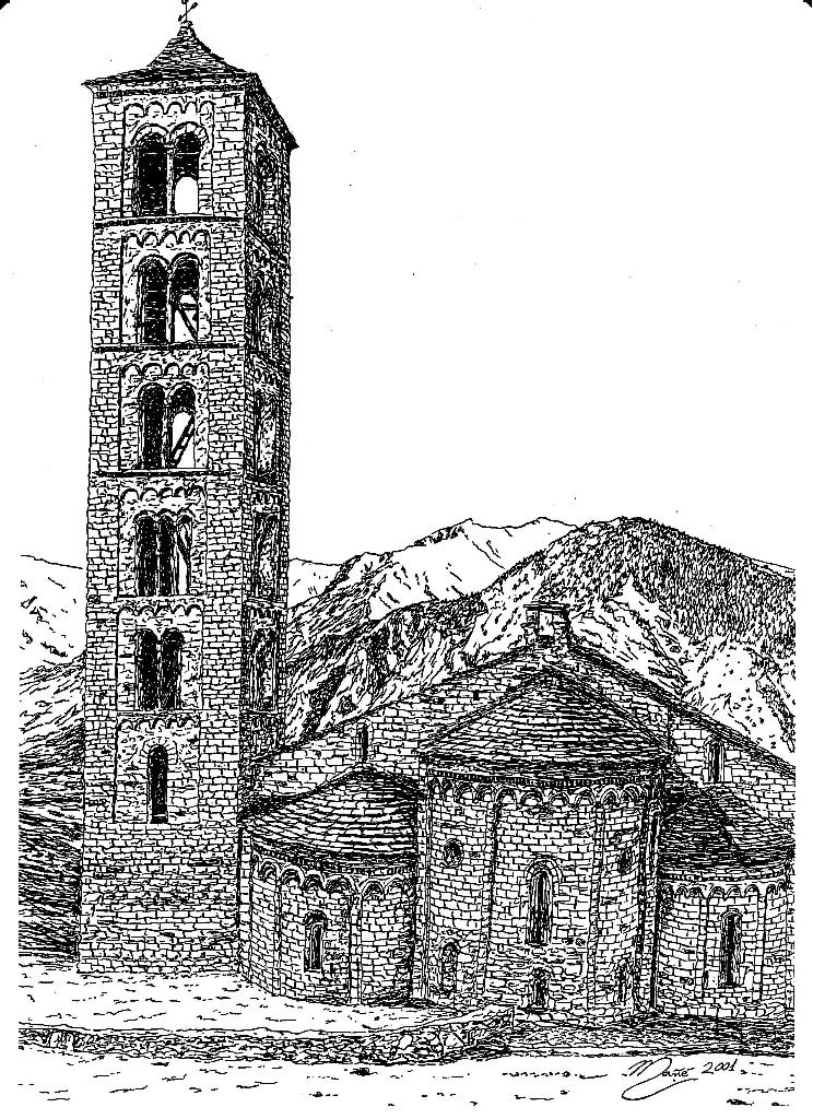 Architecture of the world: city church in the Boi Taull ski resort, Spain. Ink and pencil drawings • ALL ANDORRA