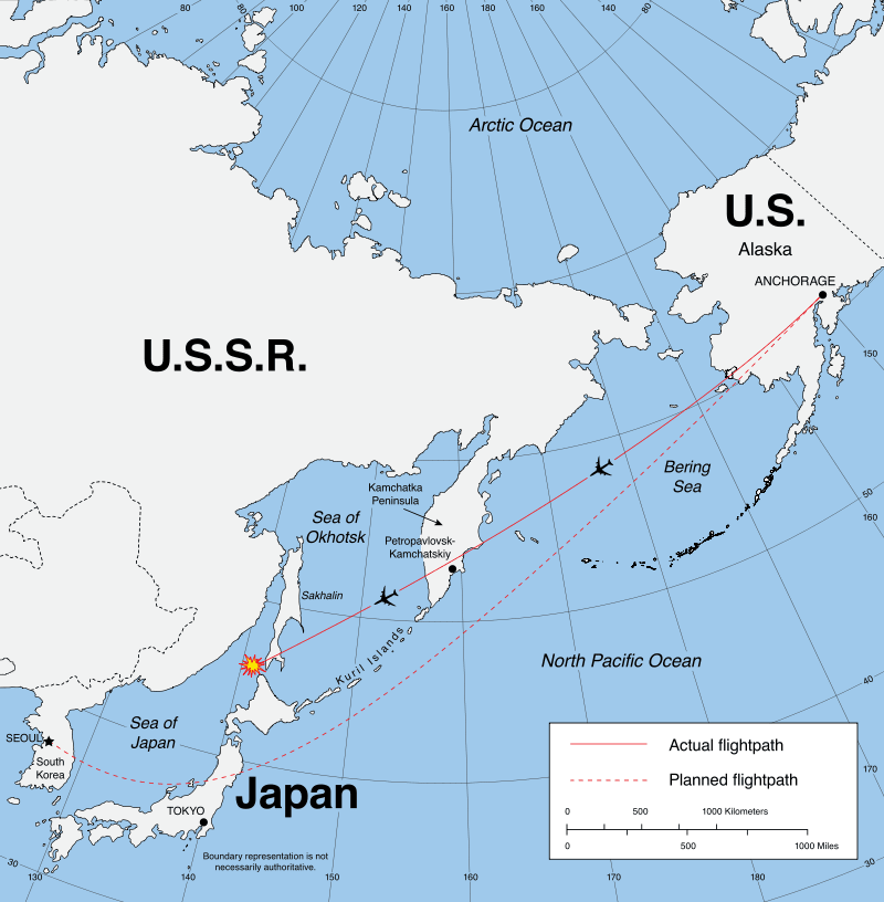 Simplified CIA map showing the actual and planned flightpaths of Korean Airlines flight 007, which was shot down by Soviets on September 1, 1983
