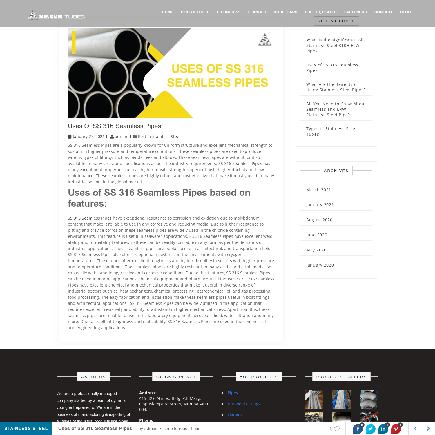 Uses of SS 316 Seamless Pipes - Silver Tubes Blog
