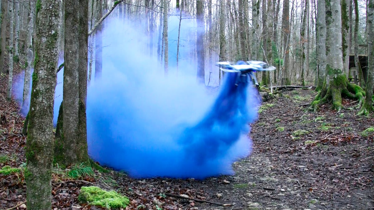 ‘Blauer Rauch’, 2016 by Roman Signer, via Stampa. The Swiss artist-engineer is known for his quasi-experiments, often consisting of setting off explosions, hurling objects into the air, or engineering collisions, which he documents on film and video.