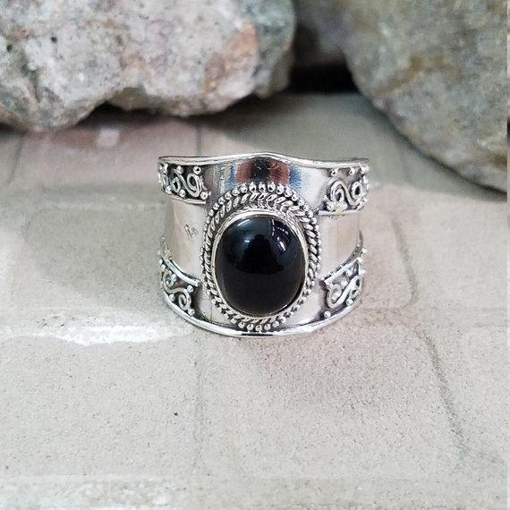 Black Onyx Ring, 915 Sterling Silver, Dainty Ring, Wide Band Ring, Statement Ring, Outstanding Ring, Granulation Ring, Attract Ring, Gift.