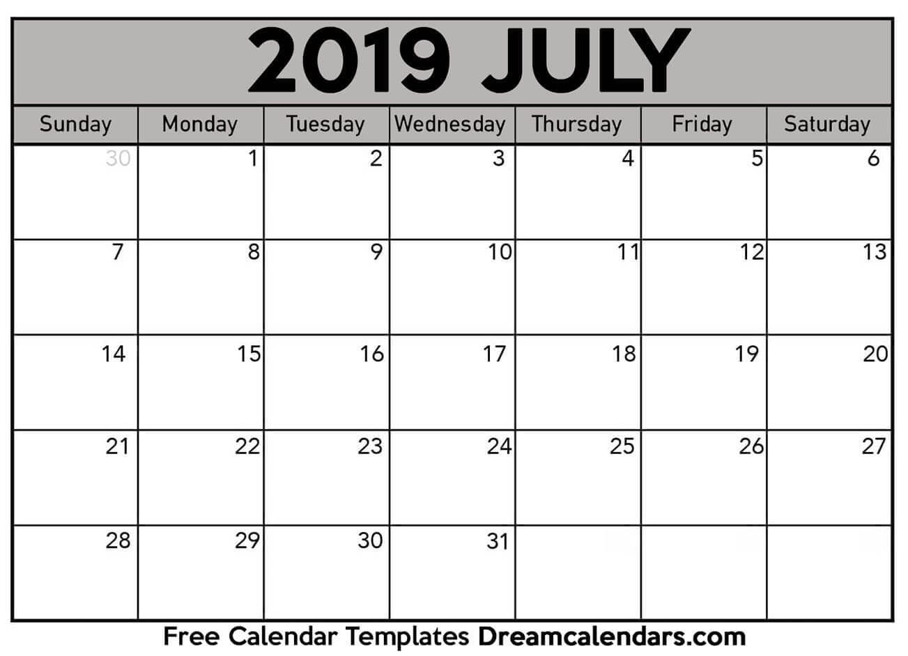 Free Blank July 2019 Printable Calendar