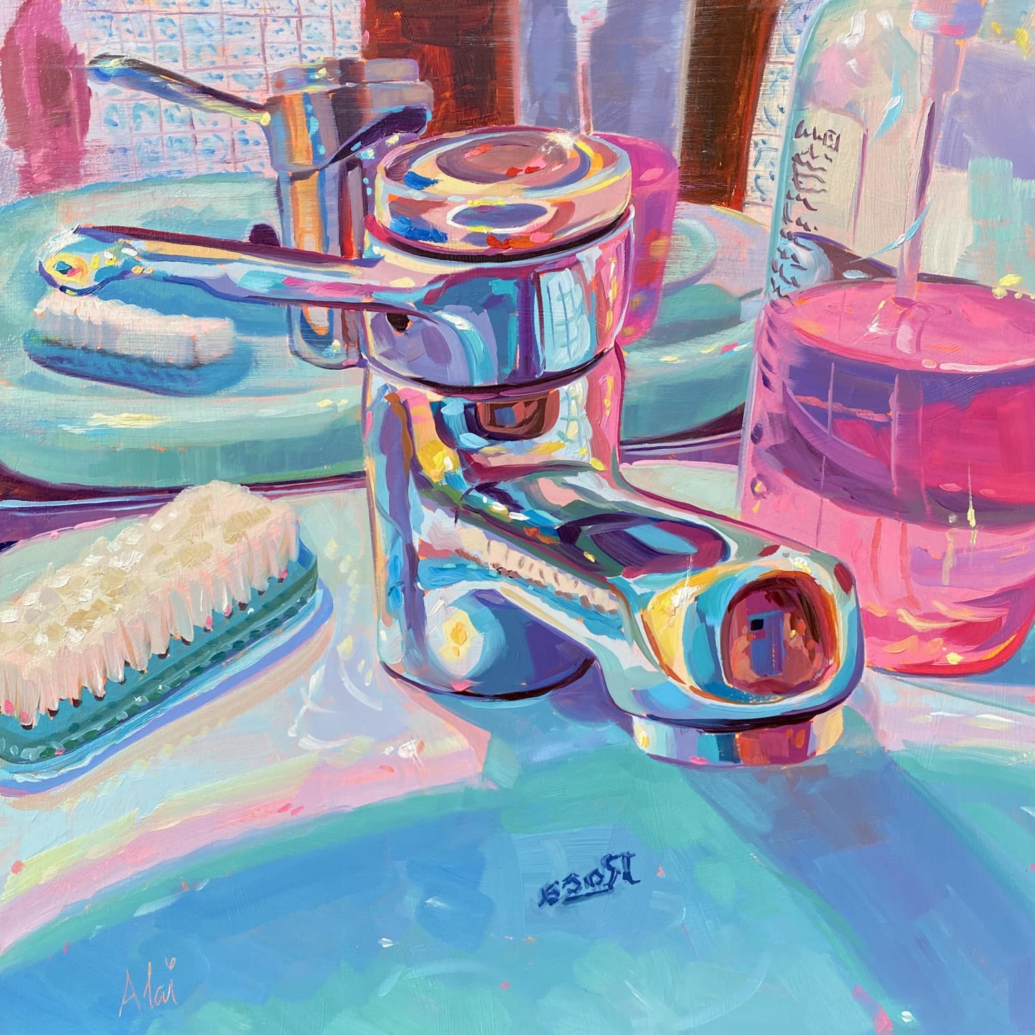 Bath tap IV, me, oil painting, 2022