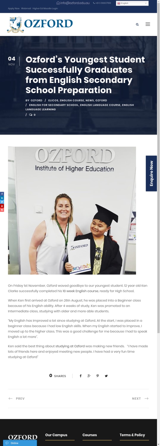 Ozford's Youngest Student Successfully Graduates from English Secondary School Preparation