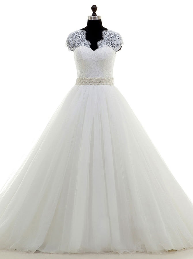 A-line Wedding Dress - V-neck Court Train Ivory Tulle Lace Beading Sashes