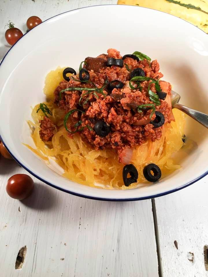 Vegan spaghetti squash a la bolognese