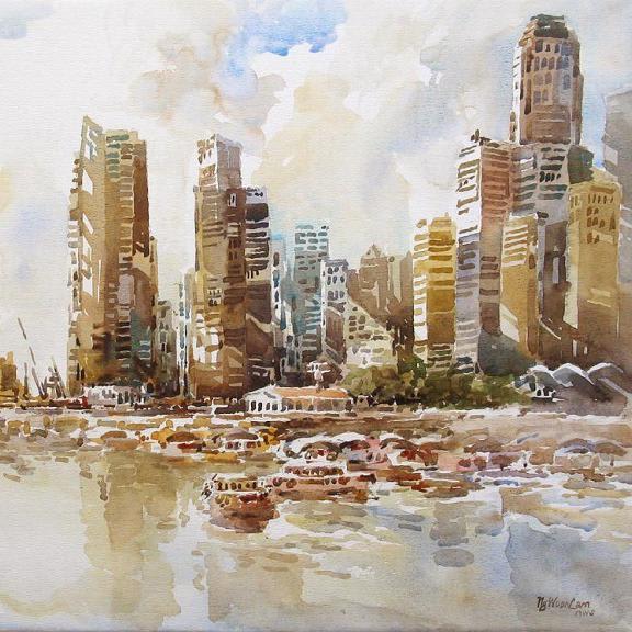 Singapore River Skyline By Ng Woon Lam, Watercolor Paintings