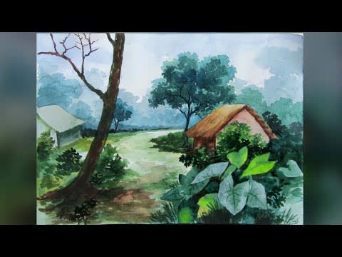 Landscape watercolor painting on art paper tutorial painting. Watercolor painting landscape village.