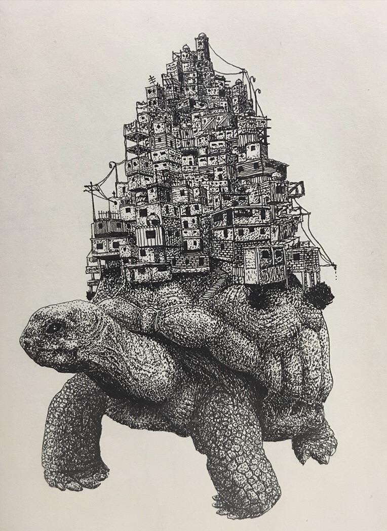 Slums Tortoise, Me, Ink on Paper, 2018