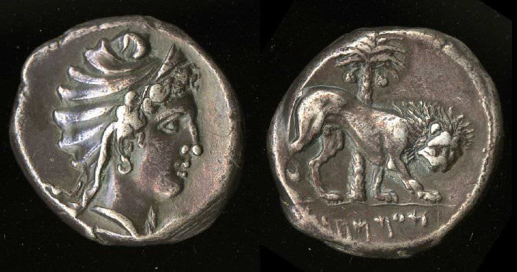 A silver tetradrachm from Carthage. The female head has been identified by some historians as Dido (Elissa). Other historians identify the figure as the goddess Tanit. Sicily, 4th century BCE. (The British Museum, London)