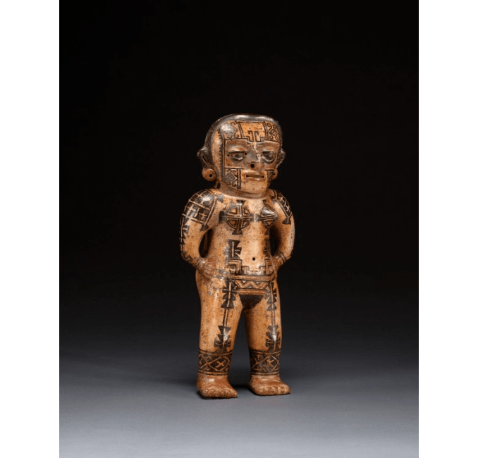 Galo Polychrome style statue of a young woman with body paint, Costa Rica (Greater Nicoya region), 500–800 CE. Earthenware with colored slips, 13 inches high x 6 inches wide x 4 inches deep.