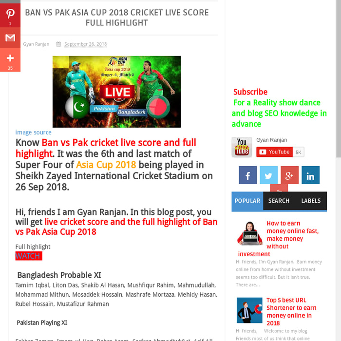 Ban vs Pak Asia Cup 2018 cricket live score full highlight