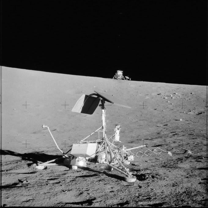 TDIH 1969, the Apollo12 lunar module "Intrepid" landed on the Moon a mere 538 feet from the Surveyor 3 spacecraft. This photo, a close up of Surveyor 3 with Apollo 12 in the background, shows the stunning accuracy of the precision landing.