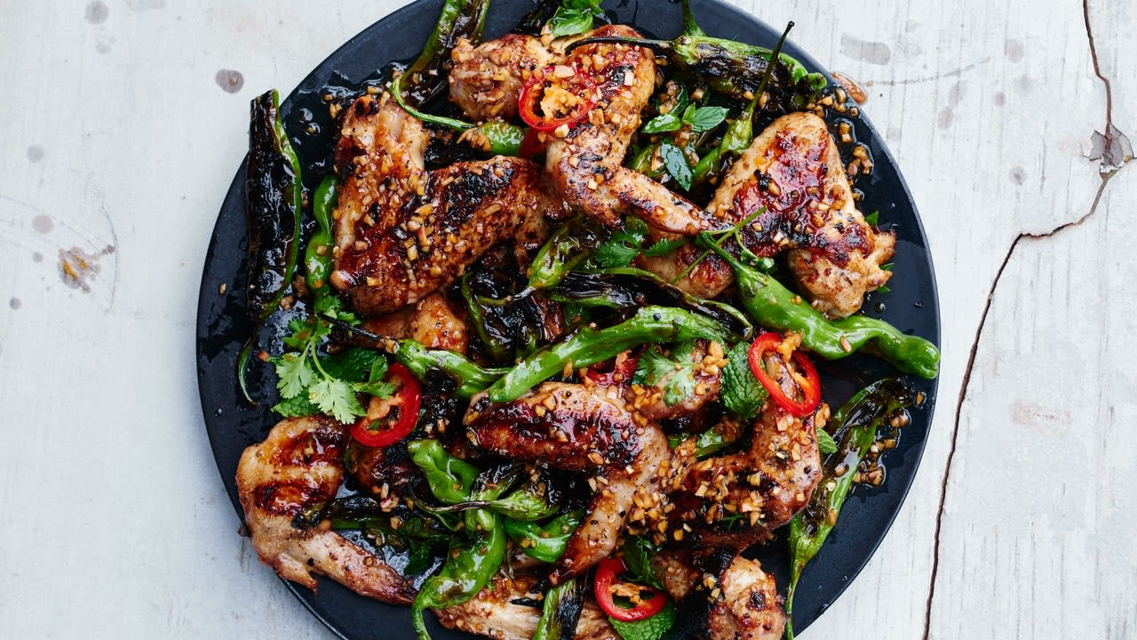 Grilled Chicken Wings With Shishito Peppers and Herbs