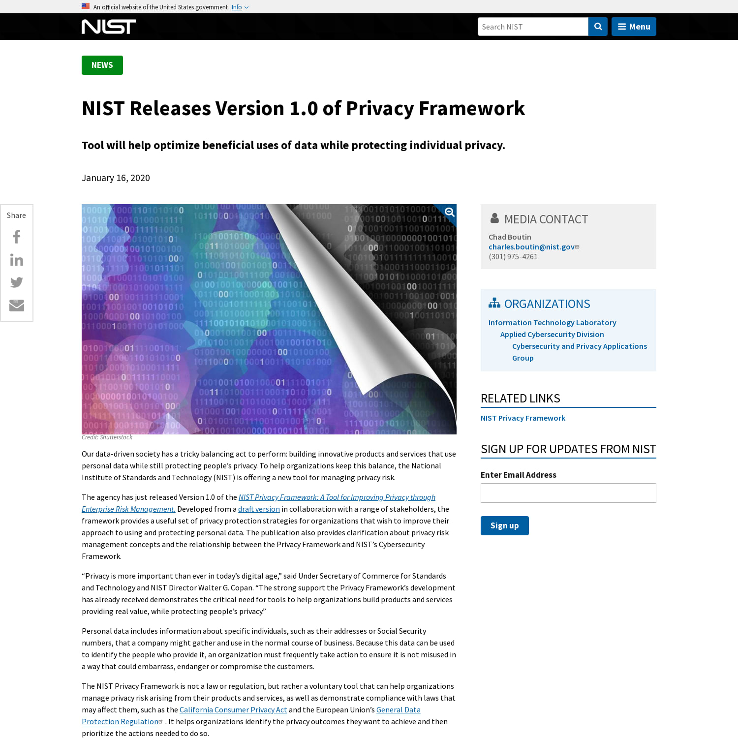 NIST Releases Version 1.0 of Privacy Framework