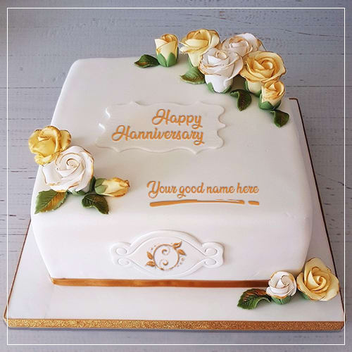 Write Name On Golden Wedding Rose Cake Image