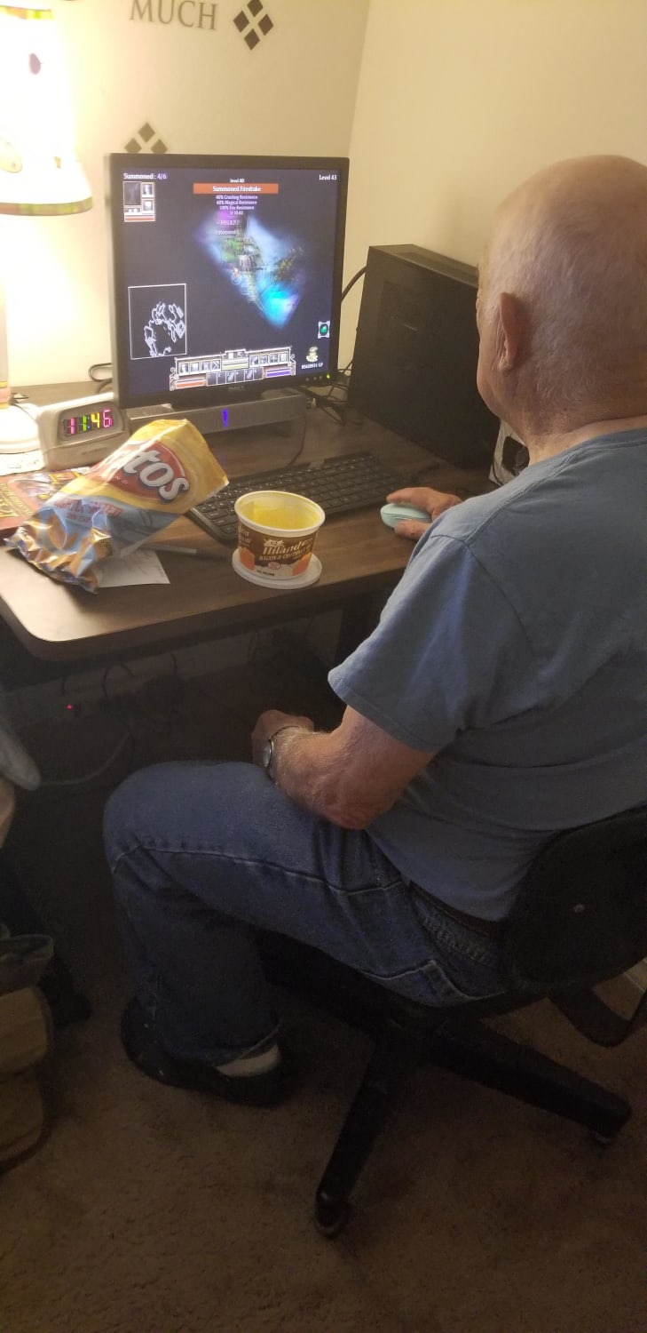 My grandpa, nearly 90 playing his favorite game of all time, Fate