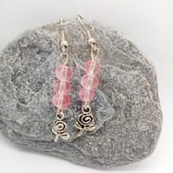 Earrings for Pierced Ears with Pink Beads and Silver Plate Rose Charms