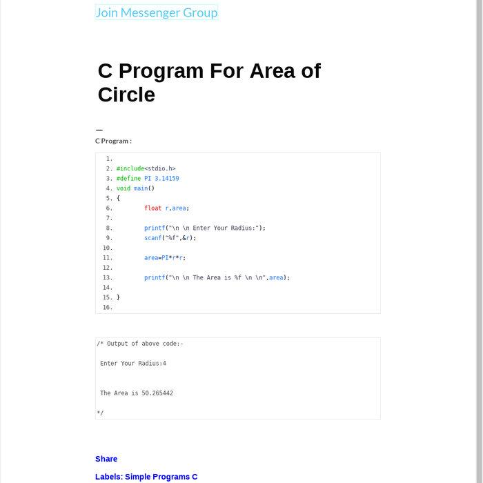 C Program To Find The Area of Circle