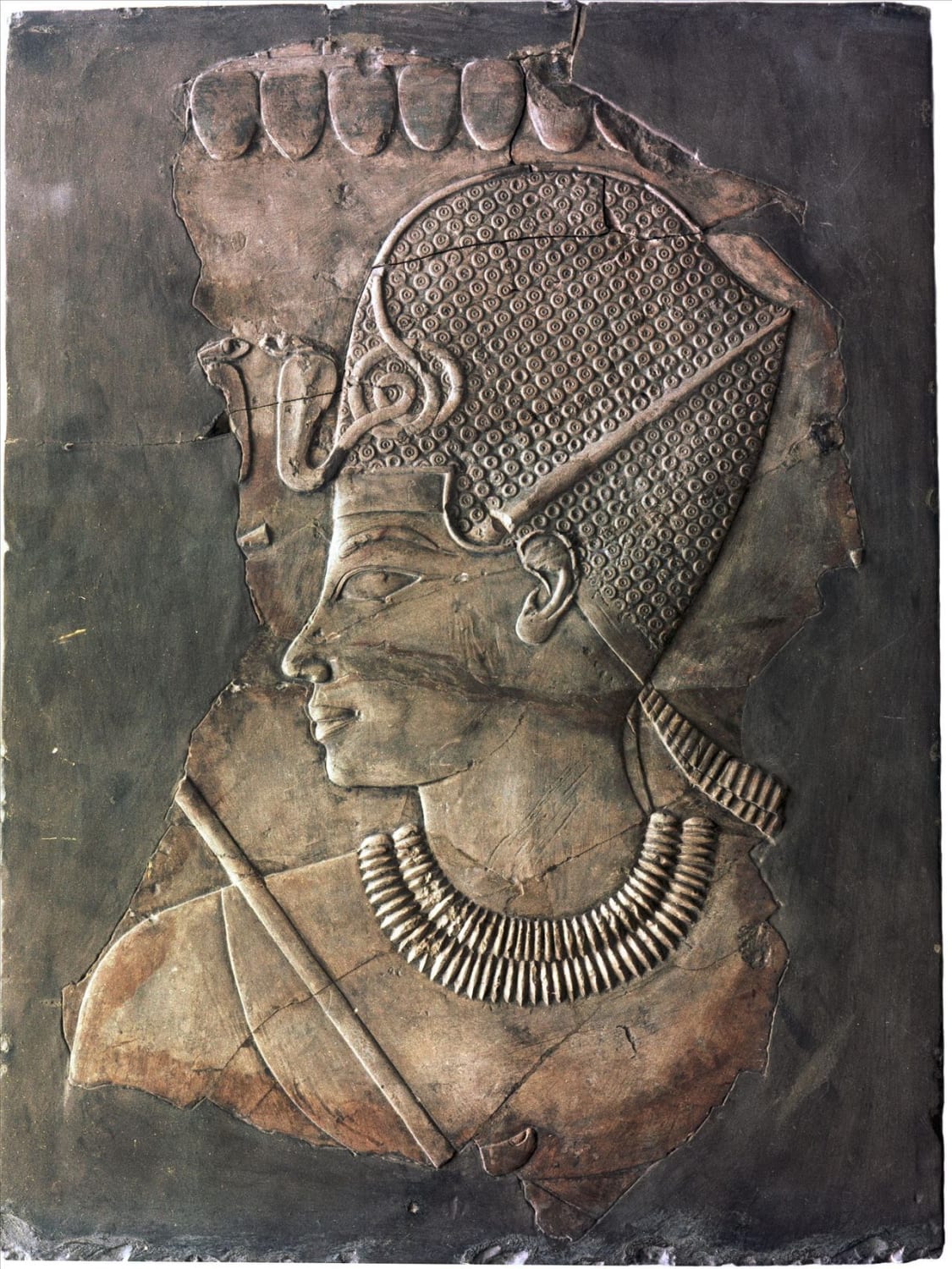 Relief image of the Pharaoh Amenhotep III wearing the Blue Crown, from the Tomb of Khaemhat (TT57). New Kingdom, 18th Dynasty, ca. 1550-1292 BC. Now in the Neues Museum, Berlin.