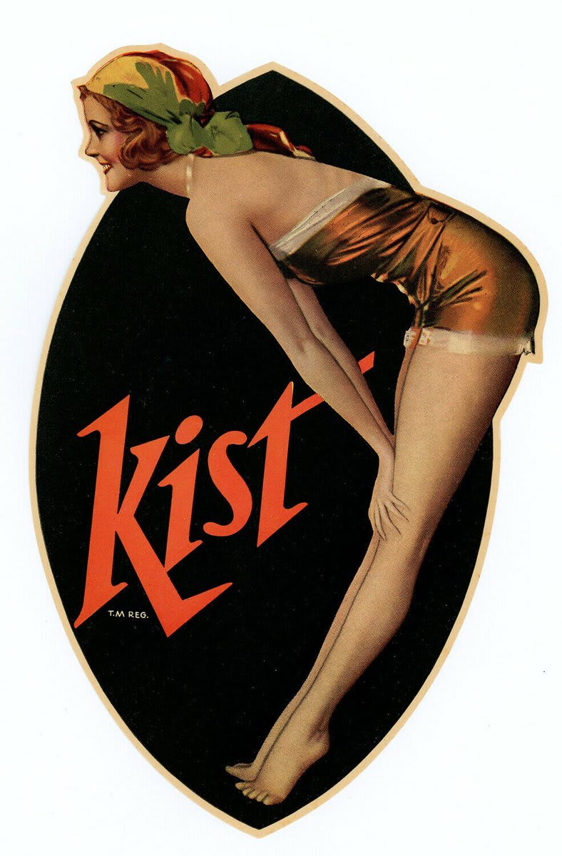 1930 advertising pin up decal sticker label for Kist soda by Rolf Armstrong. A fabulous Jazz-Age image showing a gorgeous, leggy, smiling turban-clad flapper.