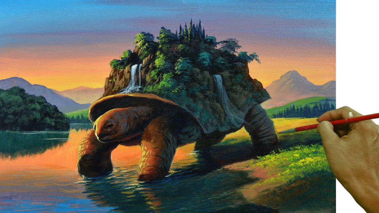 Acrylic Landscape Painting Tutorial / Old Giant Tortoise / Surreal Painting