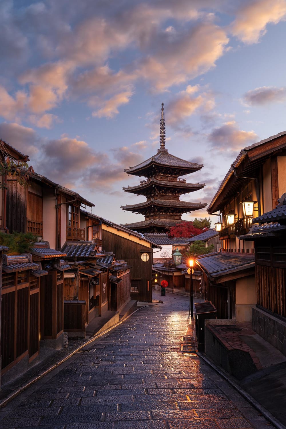First light on beautiful streets of Kyoto, Japan.