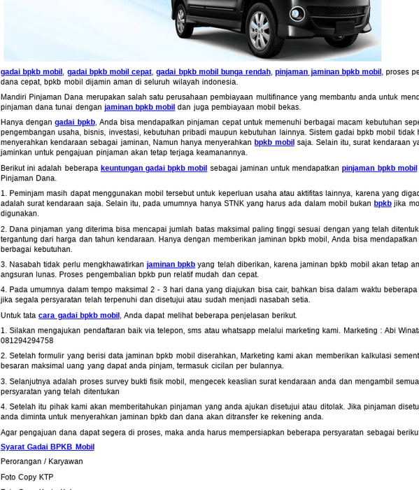 Pinjaman Jaminan BPKB Mobil : Gadai BPKB Mobil Bunga Rendah