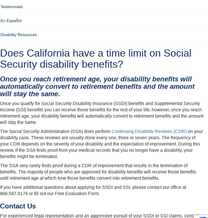 Does California have a time limit on Social Security disability benefits?