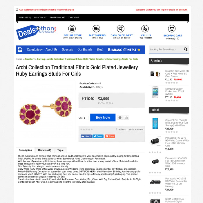 Archi Collection Traditional Ethnic Gold Plated Jewellery Ruby Earrings Studs For Girls