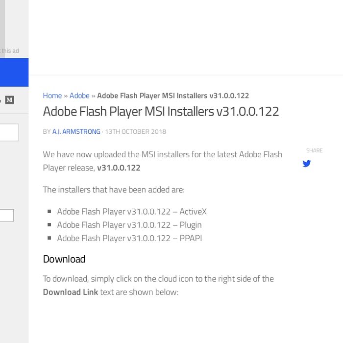 Adobe Flash Player MSI Installers v31.0.0.122 TechyGeeksHome