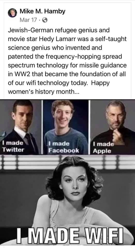 Mike M Hamby FB post - Hedy Lamarr - Jack Dorsey- Mark Zuckerberg - Steve Jobs | Women in history, Fun facts, Weird facts