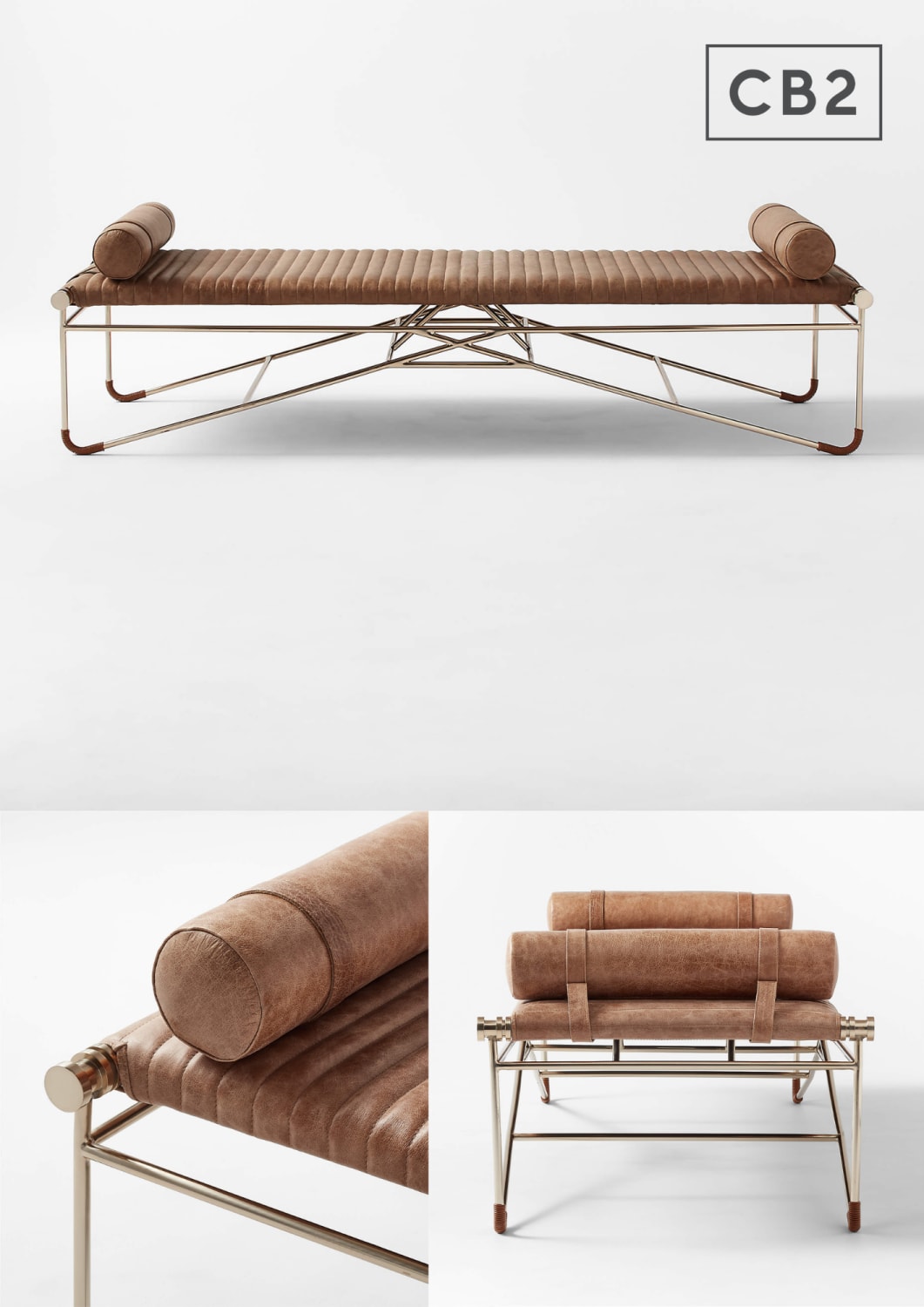 LA STRIZZA 75" SADDLE LEATHER BENCH WITH BOLSTER PILLOWS