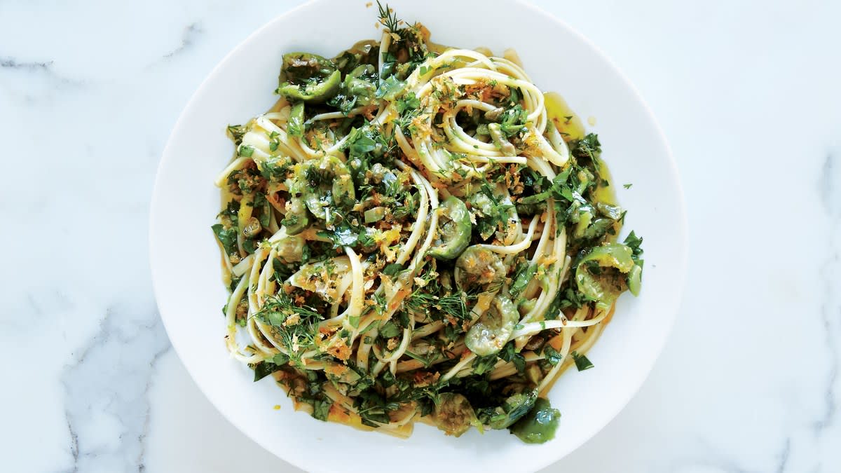 Linguine with Green Olive Sauce and Zesty Breadcrumbs Recipe