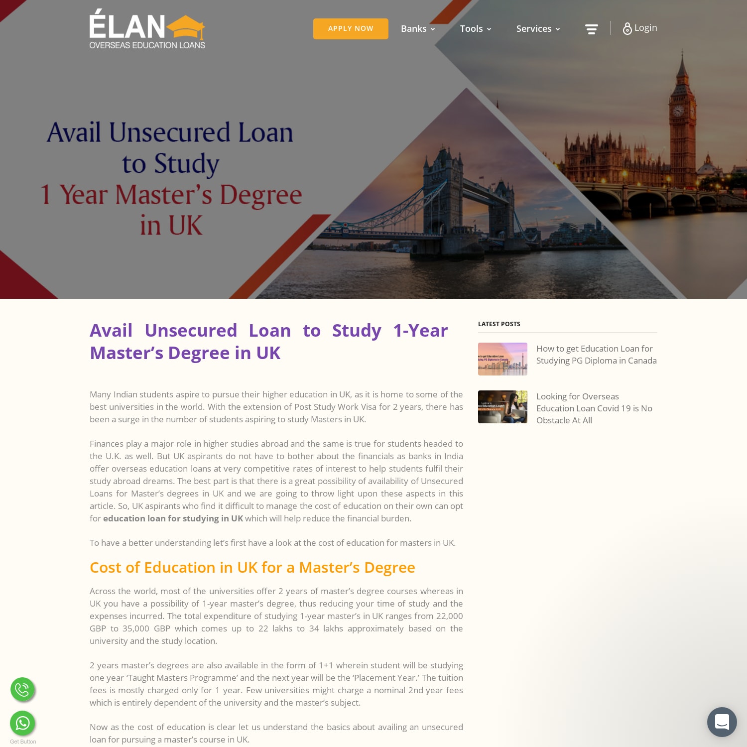 Education loan for Studying in UK- Unsecured Loan for 1-Year Masters