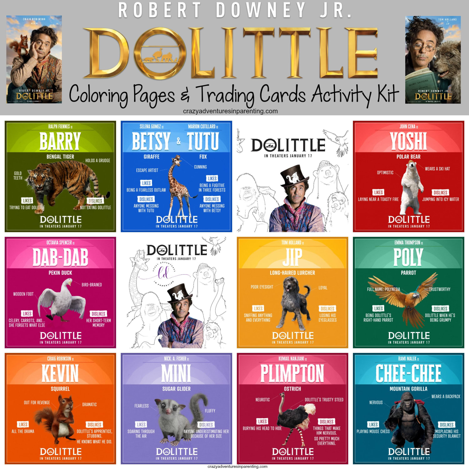 Free Dolittle Coloring Pages and Trading Cards #DolittleMovie