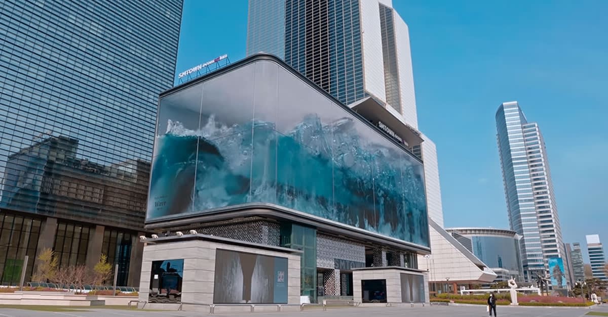 Giant Wave Crashing Against Glass Aquarium in Seoul Is Actually an Anamorphic Illusion