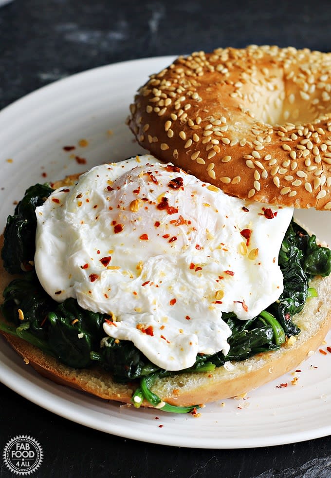 Quick Poached Egg & Garlic Spinach Bagel
