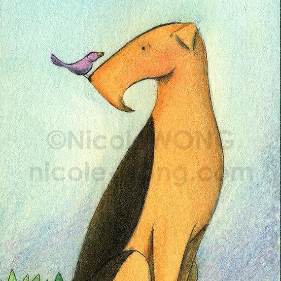 Original ACEO Drawing and Painting -- Airedale meets Bird