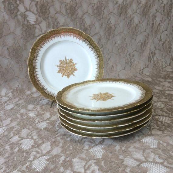 Limoges salad plates, set of 6, antique Delinieres D & C co France, gold encrusted scalloped rim dishes with center medallion, wedding table