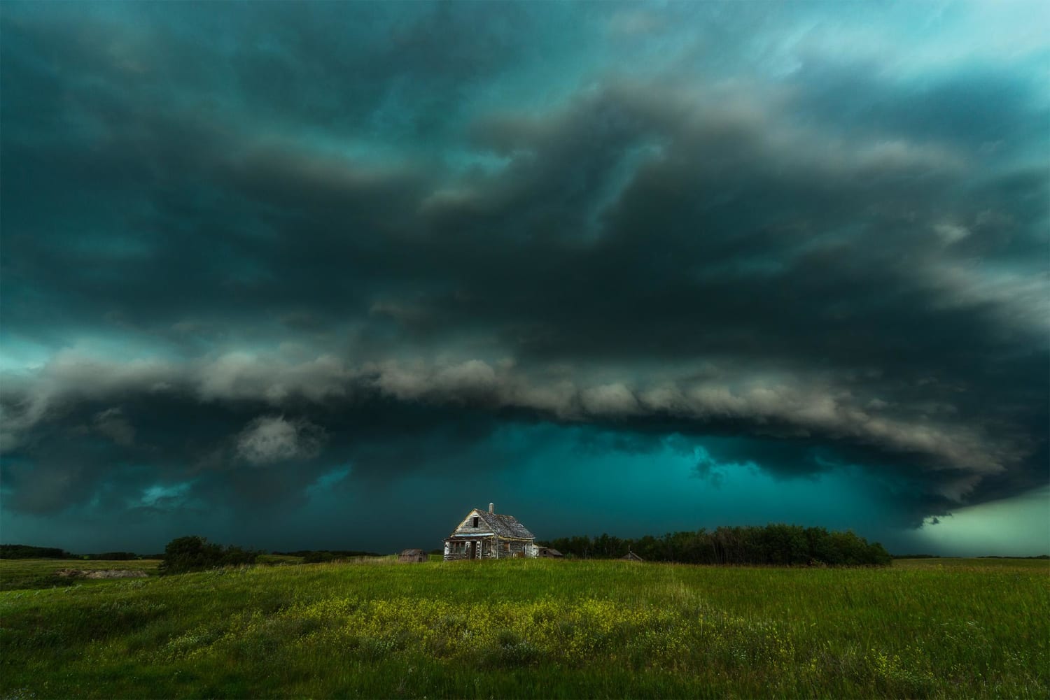A supercell thunderstorm racing across the Saskatchewan prairie