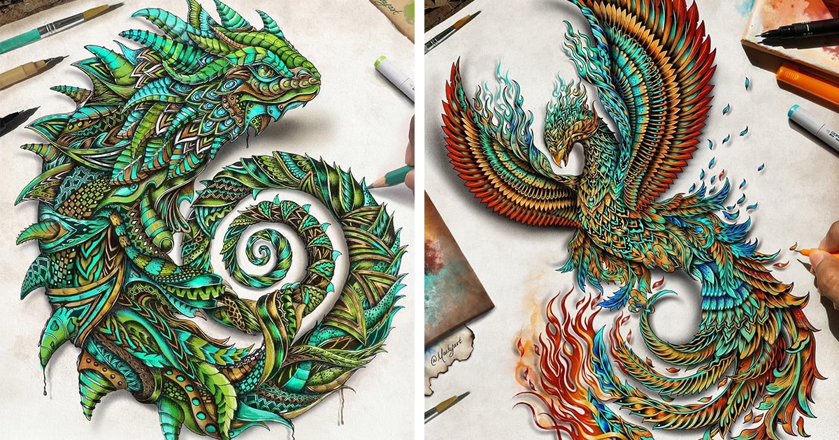 Majestic Creatures Drawn in Colorful Zentangle Patterns Pop Off the Page