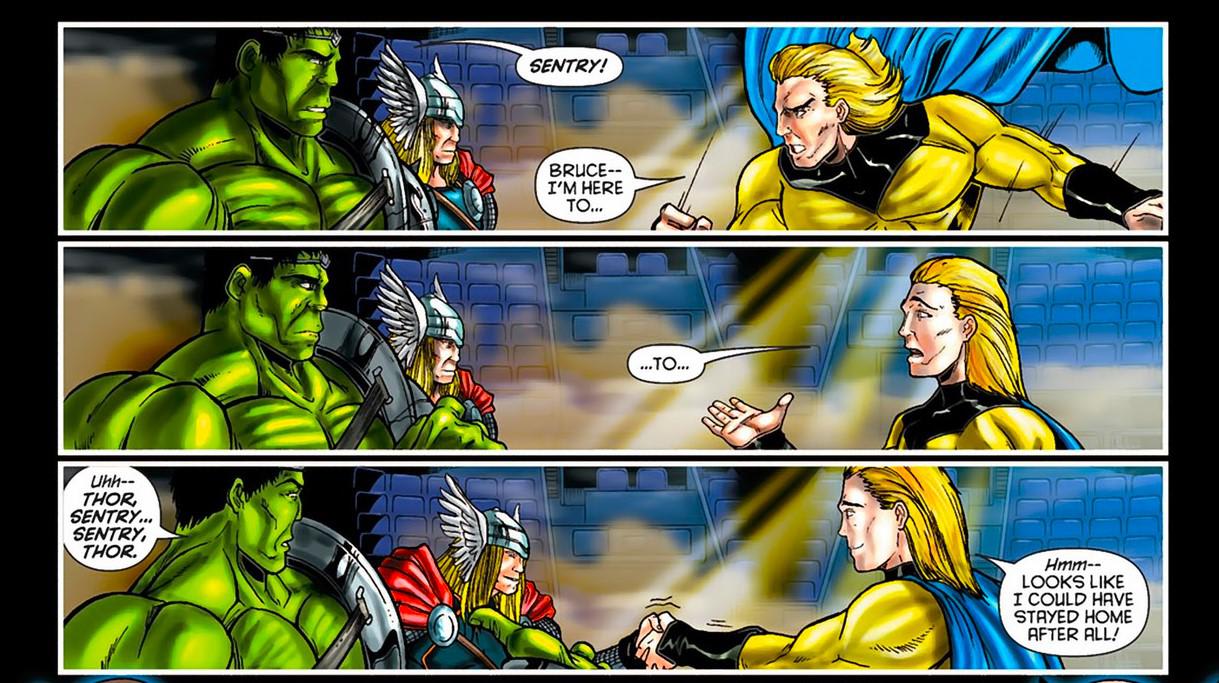 [Comic Excerpt] Sentry and Thor greet each other for the first time. (What If? World War Hulk #1)