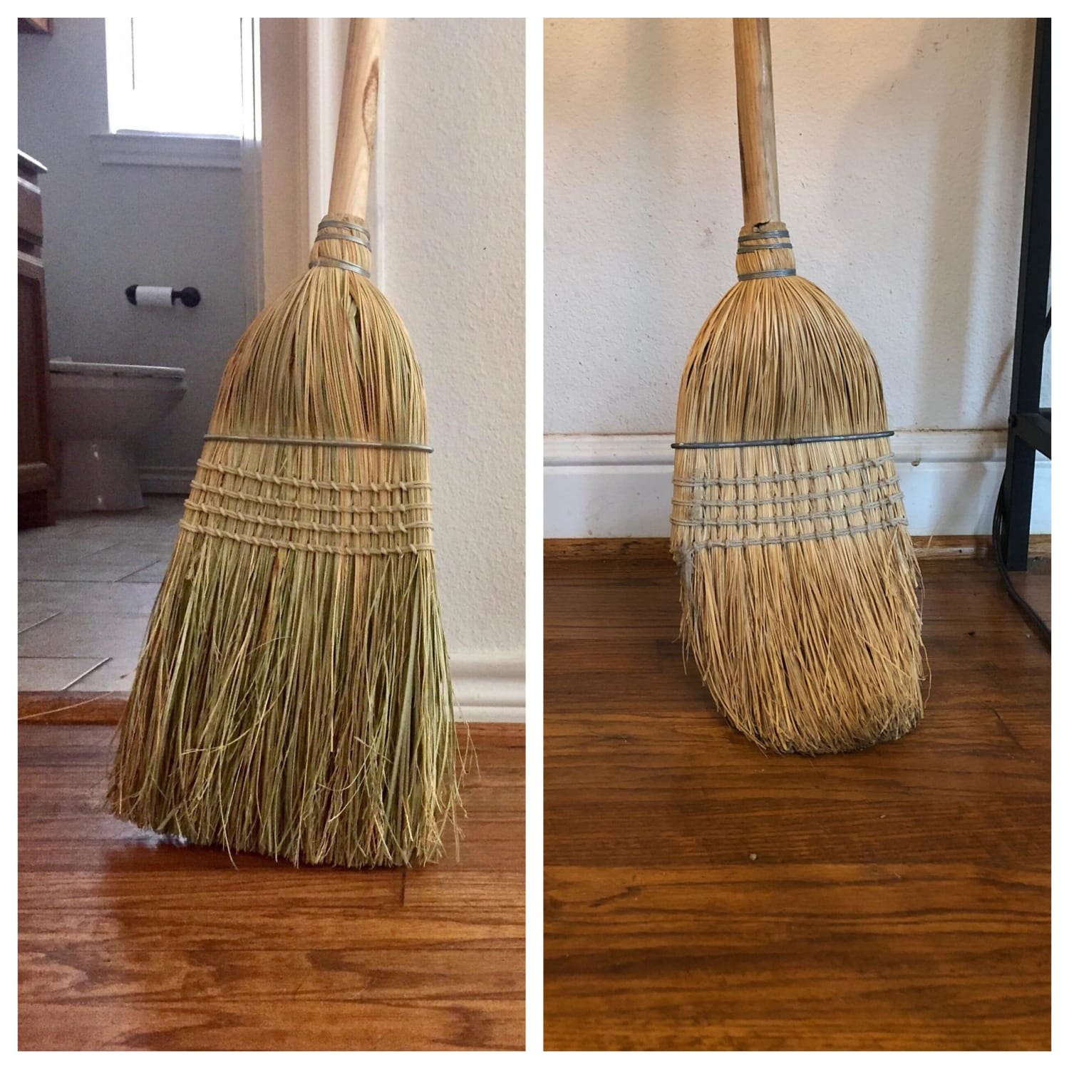 For those that said I had cut my broom to look worn on my previous post, this is the new one after two years or so. This is a corn straw broom only on wood floors and stone patio and deteriorates over time. The angle of wear is because you sweep at an angle not up and down.