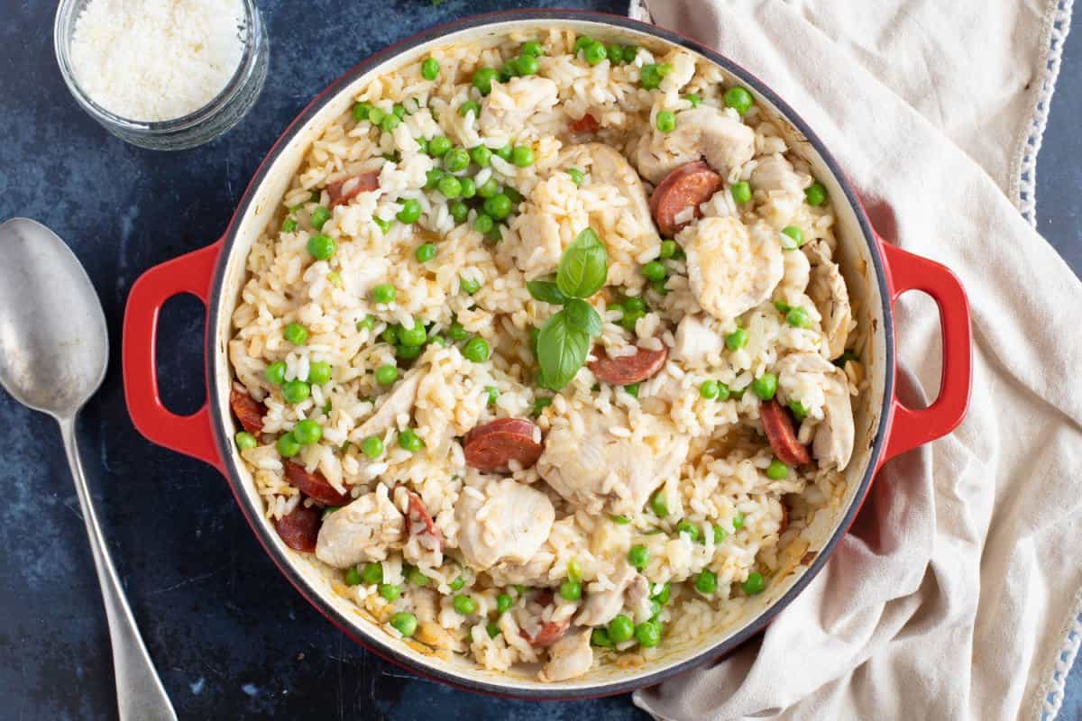 Chicken and Chorizo Risotto (oven-baked)