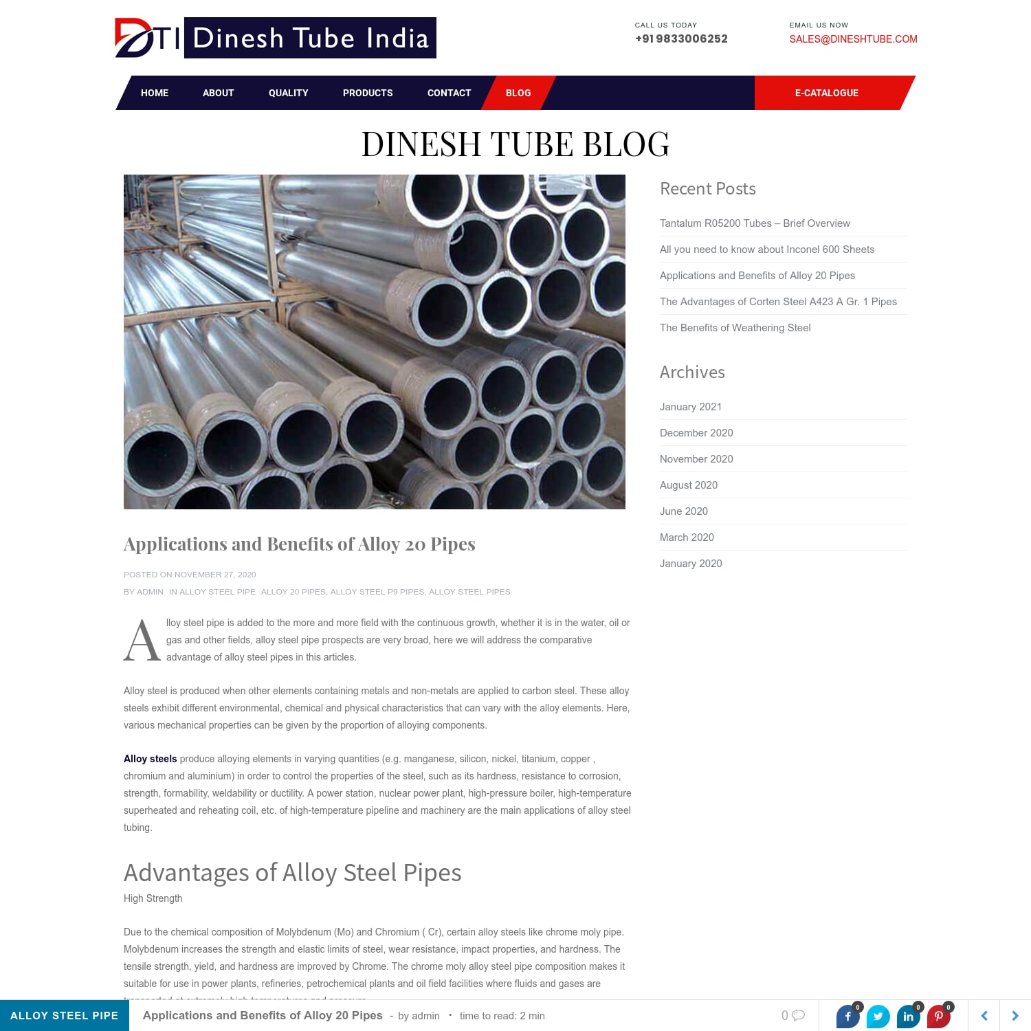 Applications and Benefits of Alloy 20 Pipes - Dinesh Tube Blog