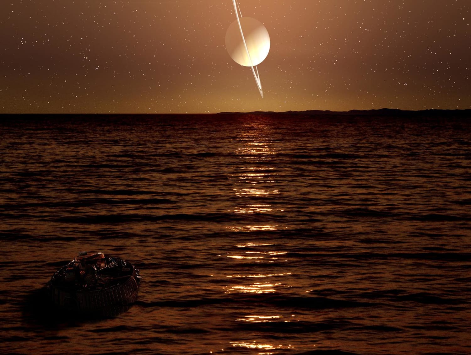 An Artist's impression of The Hugens Probe floating above sea of Methane on Saturn's Moon, Titan