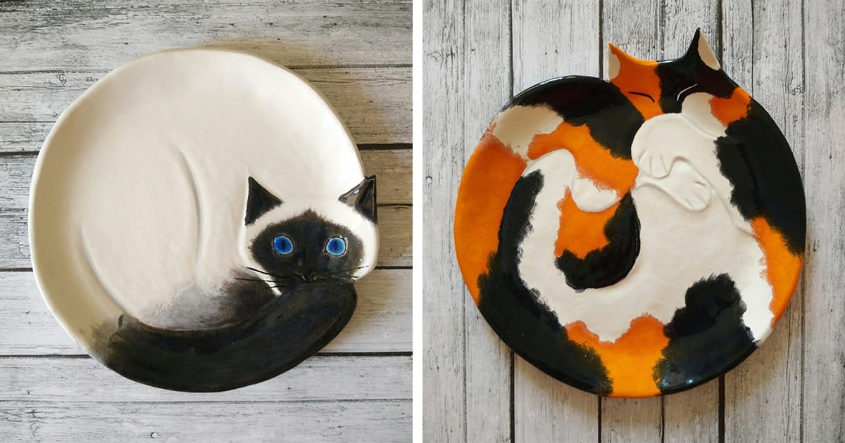 Artist Crafts Cozy Curled-Up Cats as Decorative Ceramic Plates