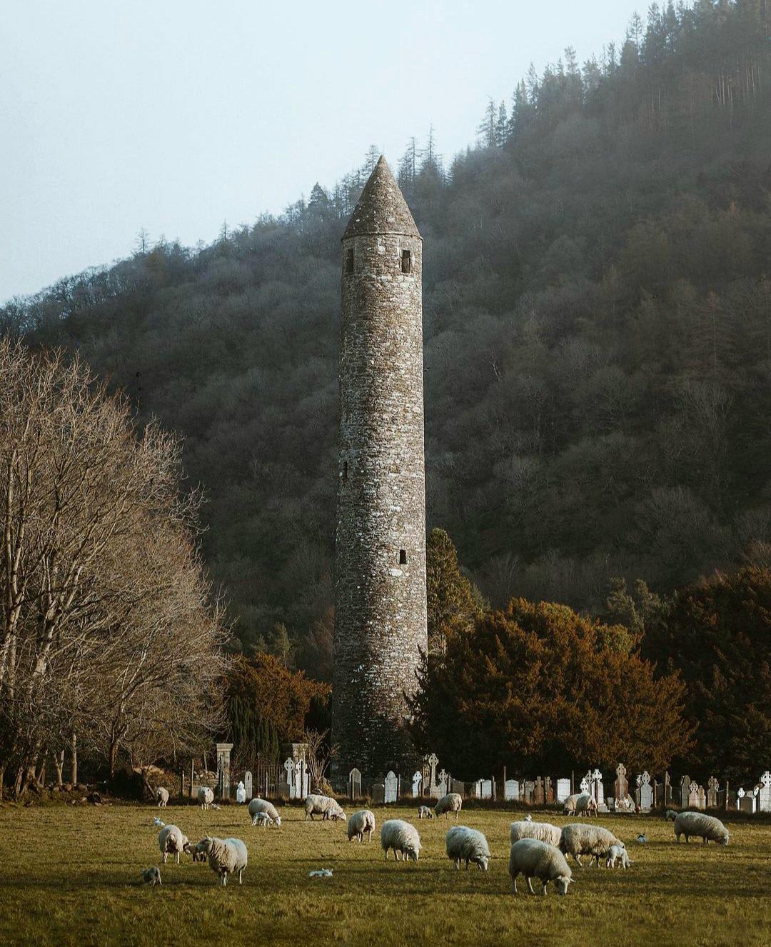 The 11th century Round Tower of Glendalough, a monastery founded in the 6th century in the Wicklow Mountains, Ireland.