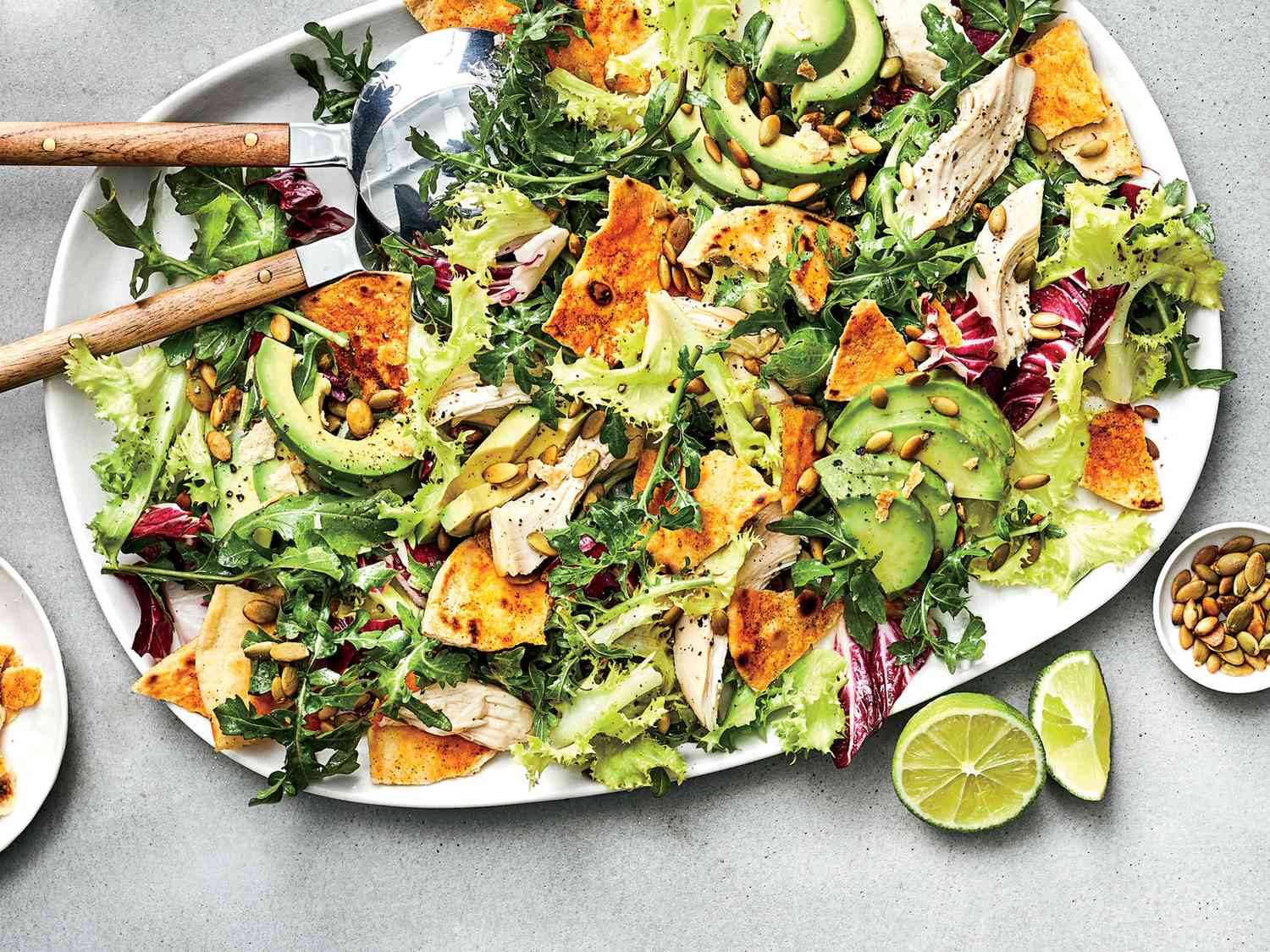 Peppery Greens Salad with Avocado, Chicken, and Tortilla Croutons Recipe